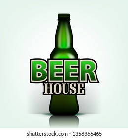 Draft Beer Vector. Draft Beer House Flyer Design Element. Green Bottle. Ad. Pub Promotion. Illustration