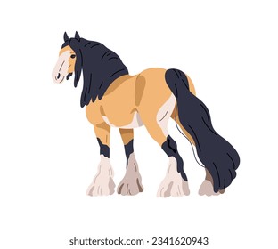 Borrador de caballo pesado. Stallion de trabajo, tinker, raza de gitano. Corazón de puré, animal equino con fisuras en las piernas, hombre, cola. Ilustración vectorial gráfica plana aislada en fondo blanco