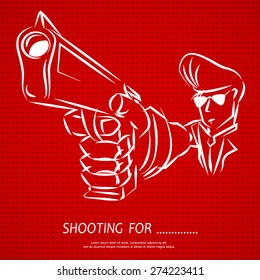 Draft drawing outline of gunner is holding up the short gun and in preparation manner for shooting. (EPS10 art vector)
