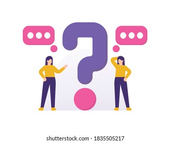draft FAQ or Frequently Asked Questions, hints, help, and guides. illustration of a two women are confused or asking questions. chat or message symbol. flat style. element design