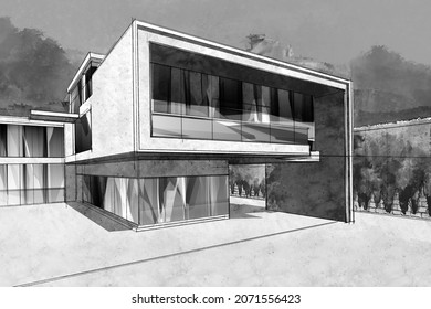 A draft hand-drawn (using a digital pencil and brush) conceptual sketch of the modern house for family. Modern architecture 