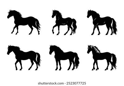 Draft Horse Silhouettes Black Clipart Set, Shire Horse Silhouette Vector Bundle