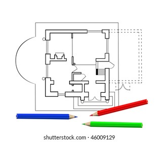 The draft of a house and pencils on a white background