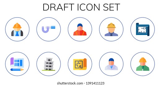 draft icon set. 10 flat draft icons.  Simple modern icons about  - engineering, blueprint, micrometer, pisa, engineer