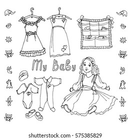 draft items for the baby - doll, dress, clothes, toys	in black and white, letters written my baby 