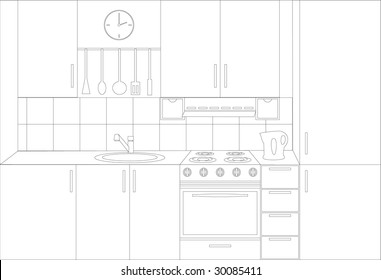 Draft of kitchen. Kitchen interior. Kitchen furniture. Flag. Extraction.Vector illustration