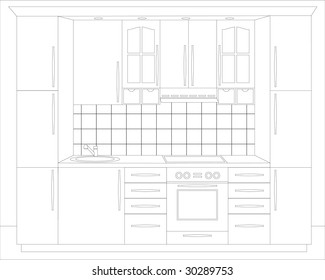 Draft of kitchen. Kitchen interior. Kitchen furniture. Flag. Extraction.Vector illustration