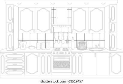 Draft of kitchen. Kitchen interior. Kitchen furniture. Flag. Extraction. Vector illustration