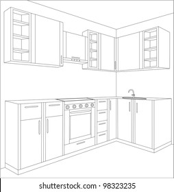 Draft of kitchen. Kitchen interior. Kitchen furniture. Flag. Extraction. Vector illustration