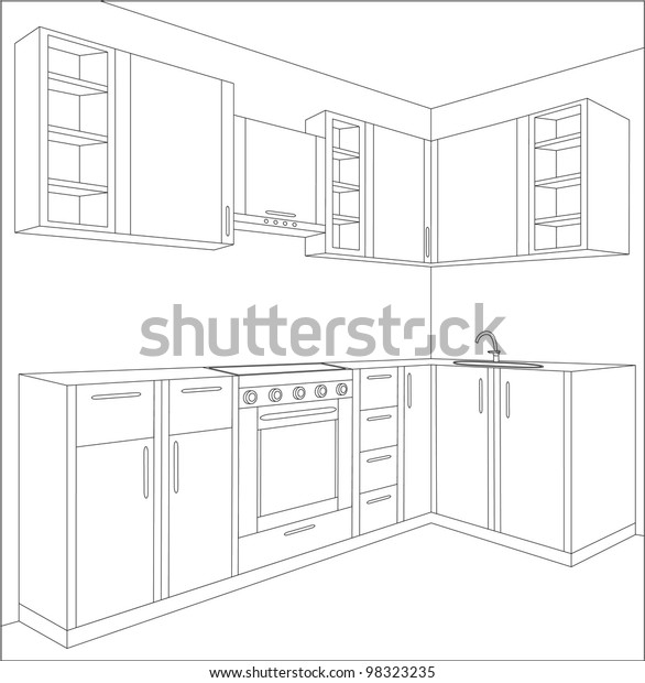 Draft Kitchen Kitchen Interior Kitchen Furniture Stock Vector (Royalty ...