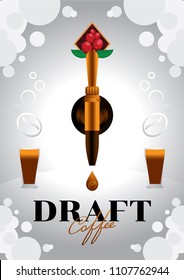 draft nitro coffee with golden tap vector illustration poster design with gas and glasses of nitro cold brew coffee