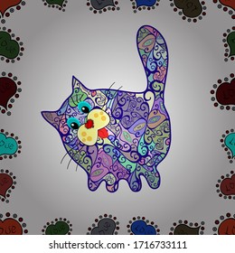 Draft on neutral, white and blue colors. Can be used for greeting cards, wedding invitations, logo, printing on fabric. Vector illustration. Seamless pattern of Cute Cartoon Cat Design.