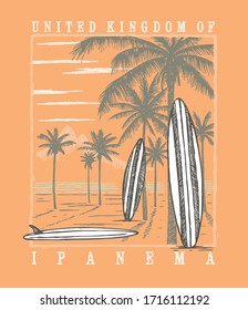 Draft style vector illustration of beach and surfboards.