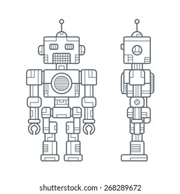 Draft a Vintage Robot in Simple Line Style Front and Side Views