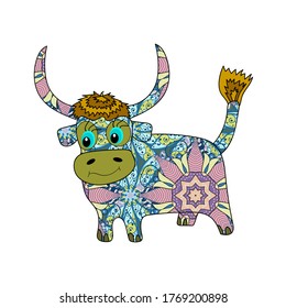 Draft in white, yellow and blue colors. Chinese new year 2021 of the buttress). Vector. Paper cut ox character, flower and asian elements with craft style on background. Happy chinese new 2021,of ox).