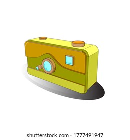 Draft in yellow, white and gray colors. Hanging vintage camera vector flat style. Isometry. 3D.