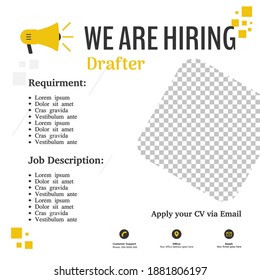 Drafter job vacancy design poster. We are hiring post feed on square design. Open recruitment design banner template. Social media find a job layout