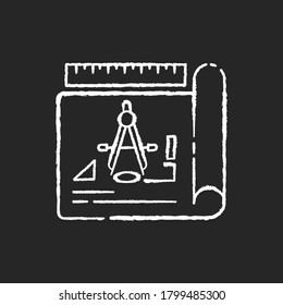 Drafting chalk white icon on black background. Architectural planning, project development. Equipment for mechanical drawing. Blueprint with schematics. Isolated vector chalkboard illustration