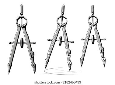 Drafting compass drawing plan design circle. Precision engineering divider vintage sketch vector illustration