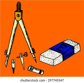 Drafting compass and eraser, sketch