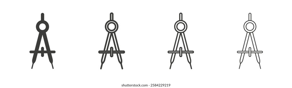 Drafting compass icons set. Liner outlined and flat black color