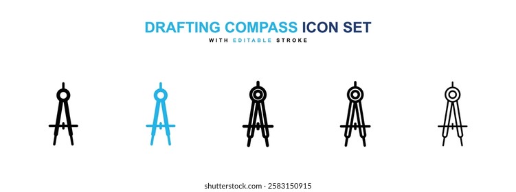 Drafting compass icons vector collection in black and blue colors on white background