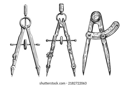 Drafting compass set. Hand drawn vintage divider isolated. Sketch vector illustration drawn in engraving style