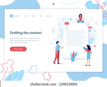 Drafting the contract. People draw up a document. Web page design template. Flat vector illustration.
