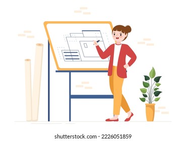 Drafting, Engineer or Architect Working on Drawing Board Projecting and Draft in Flat Cartoon Hand Drawn Templates Illustration