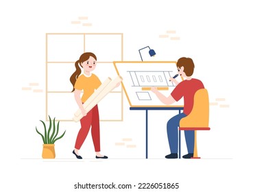 Drafting, Engineer or Architect Working on Drawing Board Projecting and Draft in Flat Cartoon Hand Drawn Templates Illustration