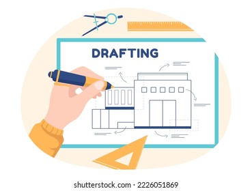 Drafting, Engineer or Architect Working on Drawing Board Projecting and Draft in Flat Cartoon Hand Drawn Templates Illustration