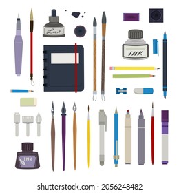 Juego de herramientas de dibujo y pintura. Láminas de tinta y lápices afilados con pinceles especiales de dibujo con puntos puntiagudos para geometría técnica y bellas artes. Educación de dibujos animados vectores.