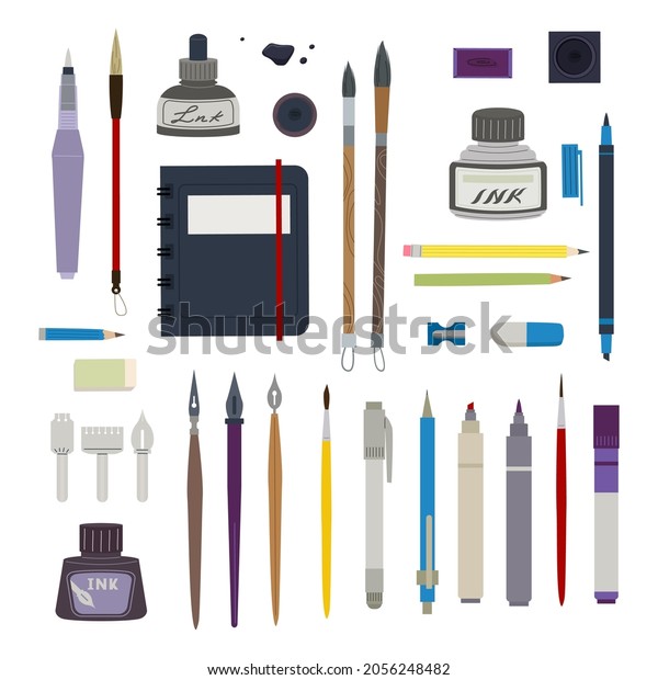 Drafting and painting tools set. Ink pens and\
sharpened pencils with markers special drawing brushes with sharp\
points erasers for technical geometry and fine arts. Vector cartoon\
education.