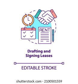 Drafting And Signing Leases Concept Icon. Tenant And Landlord Agreement Abstract Idea Thin Line Illustration. Isolated Outline Drawing. Editable Stroke. Roboto-Medium, Myriad Pro-Bold Fonts Used