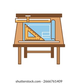 Uma tabela de desenho com ferramentas, incluindo um quadrado T, triângulo e plantas, é mostrada nesta imagem.