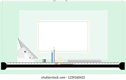 Drafting table for working drawing and sketch design , interior design with drawing equipment flat design vector 