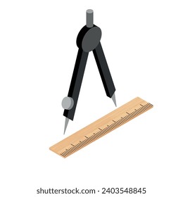 Drafting tool icon isometric vector. Black drafting compass near wooden ruler. Drawing, design, engineering