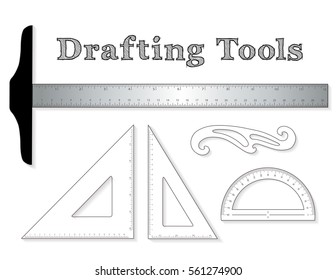Drafting tools for architecture and engineering: aluminum T-square with inch and centimeter measure, 45 degree triangle, 60 degree triangle, ruler, French Curve and protractor, vector illustration.