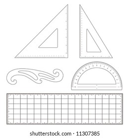 Drafting tools for engineering and architecture: 45 degree triangle, 60 degree triangle, ruler, French Curve, protractor, ruler. EPS8 compatible.