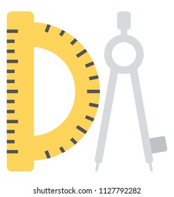 Drafting tools, geometry compass and degree square flat icon