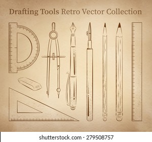 Drafting Tools Hand Drawn Vector Set On Vintage Old Paper Background.