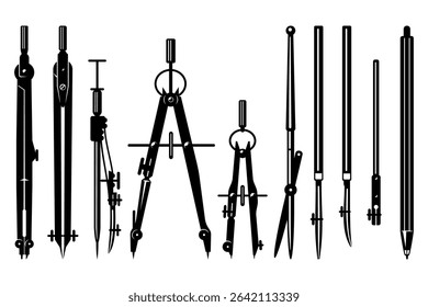 Drafting Tools Set. Black and white vector cliparts isolated on white.