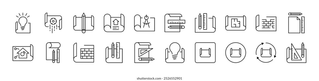 Drafts and Drawings Icon Set for UI, Placards, Books, Apps. Editable Stroke. Suitable for Web Sites, Books, Cards, Apps