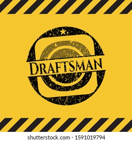 Draftsman black grunge emblem with yellow background. Vector Illustration. Detailed.