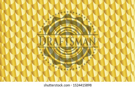 Draftsman gold shiny emblem. Scales pattern. Vector Illustration. Detailed.