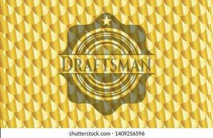 Draftsman golden emblem or badge. Scales pattern. Vector Illustration. Detailed.