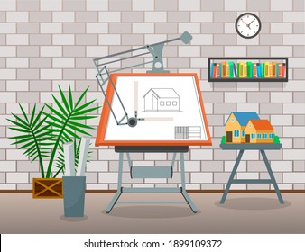 Draftsman studio, workplace or workspace of desinger or architect, drawn new house plan at board, installation of small house, new project of home, modern interior design with brick wall and bookshelf