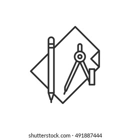 draftsmanship line icon. pencil and a pair of compasses on paper, vector linear illustration