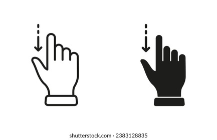 Arrastrar hacia abajo, girar a mano la línea del dedo y ajustar el icono negro de la silueta. Pantalla Pinch, Pictograma de pantalla táctil Rotate. Colección de símbolos Gesture Slide Down en fondo blanco. Ilustración de vectores aislados.