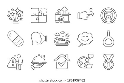 Drag drop, 5g internet and Capsule pill line icons set. Smile, Cognac bottle and Car travel signs. Fireworks stars, Restaurant food and Metro subway symbols. Face id, Best rank and Puzzle. Vector